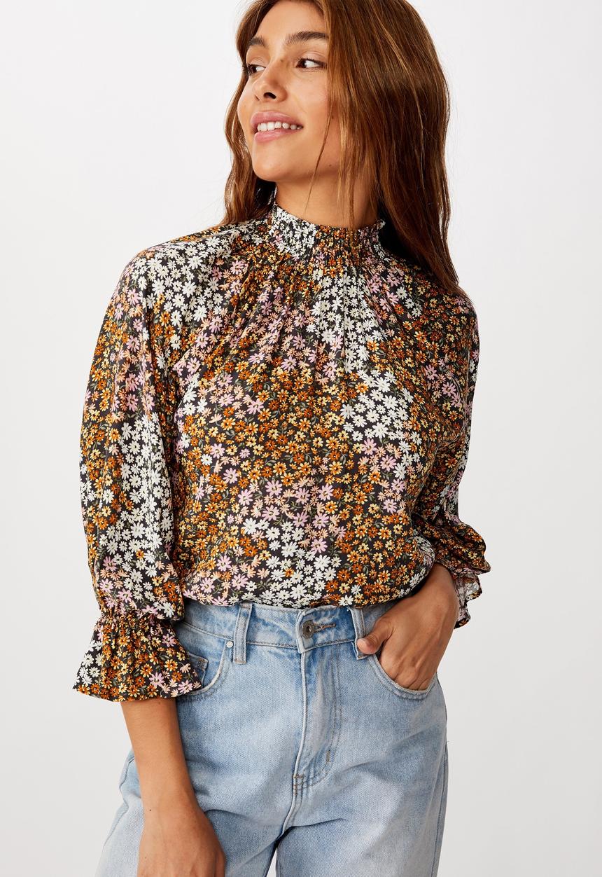 Cotton On - Lily shirred mock neck 3/4 frill sleeve blouse - mandy multi ditsy ebony