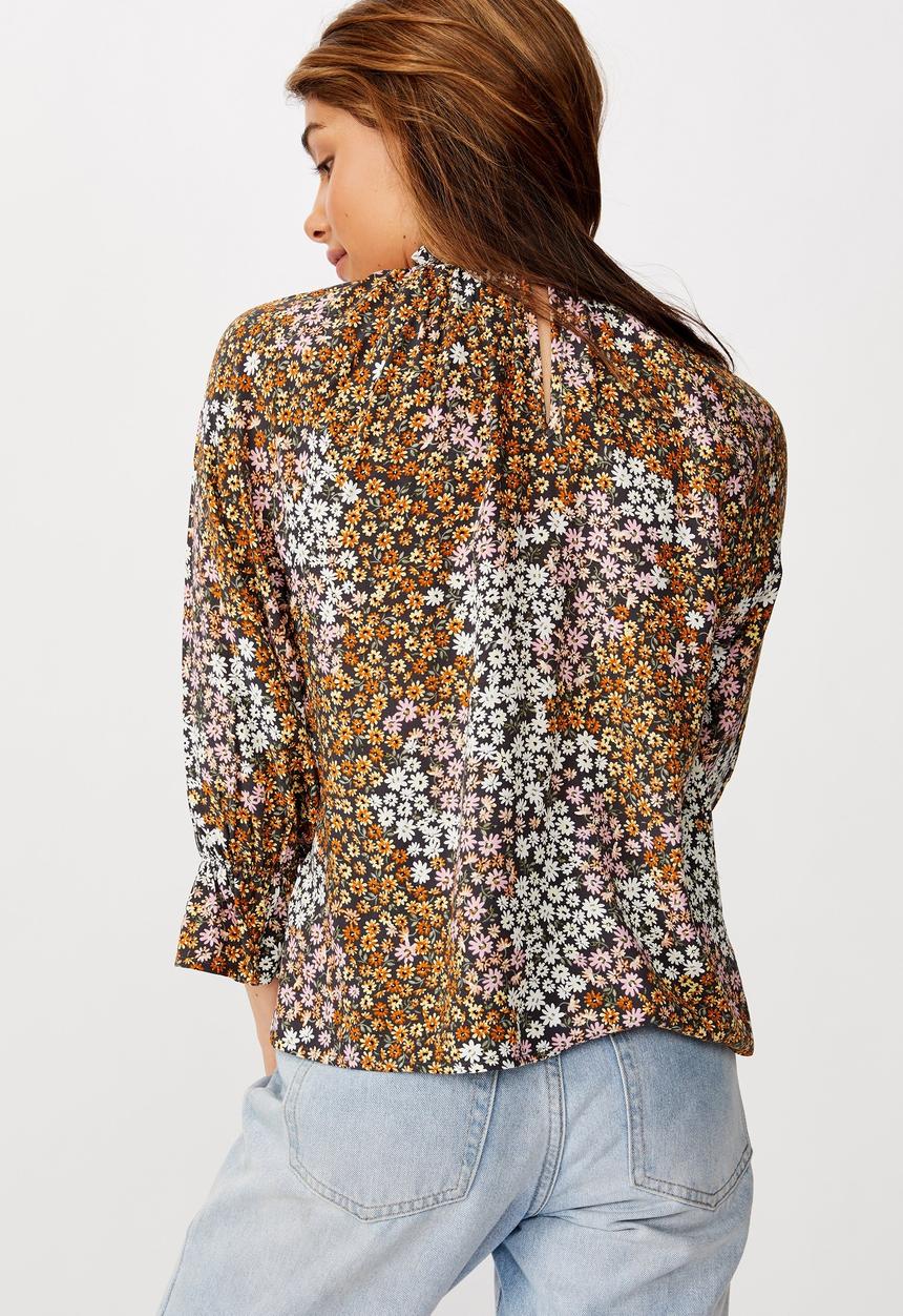 Cotton On - Lily shirred mock neck 3/4 frill sleeve blouse - mandy multi ditsy ebony