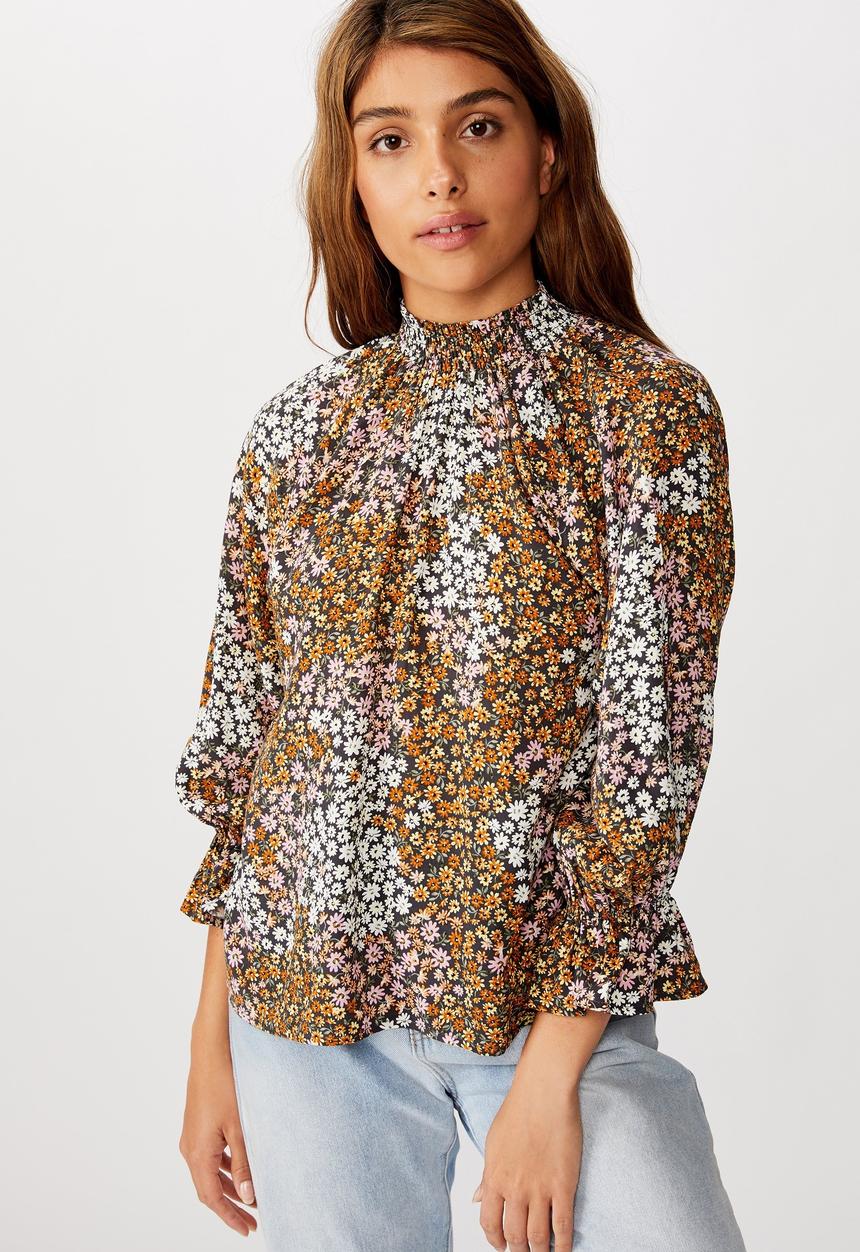 Cotton On - Lily shirred mock neck 3/4 frill sleeve blouse - mandy multi ditsy ebony