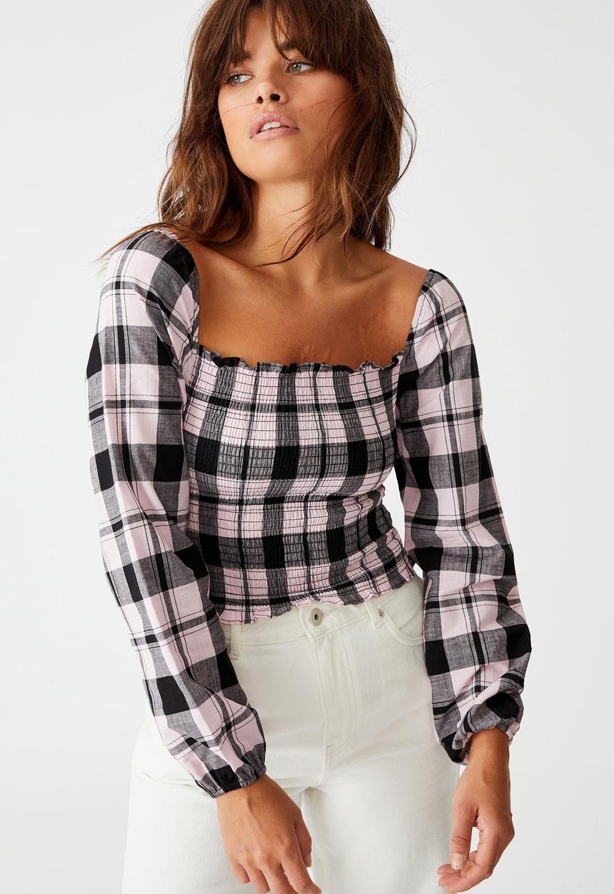 Factorie - Shirred long sleeve top - purple & black 