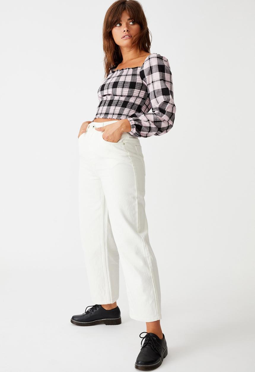 Factorie - Shirred long sleeve top - purple & black 