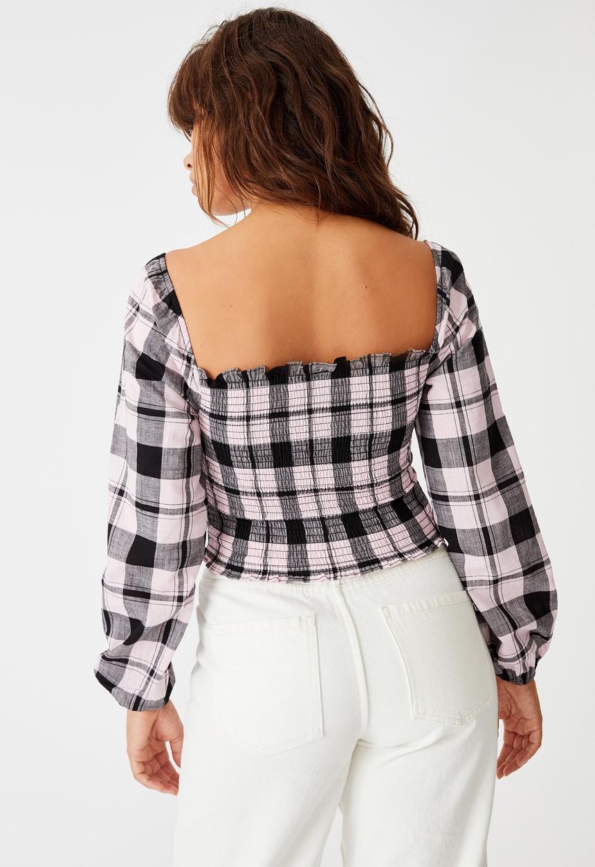 Factorie - Shirred long sleeve top - purple & black 