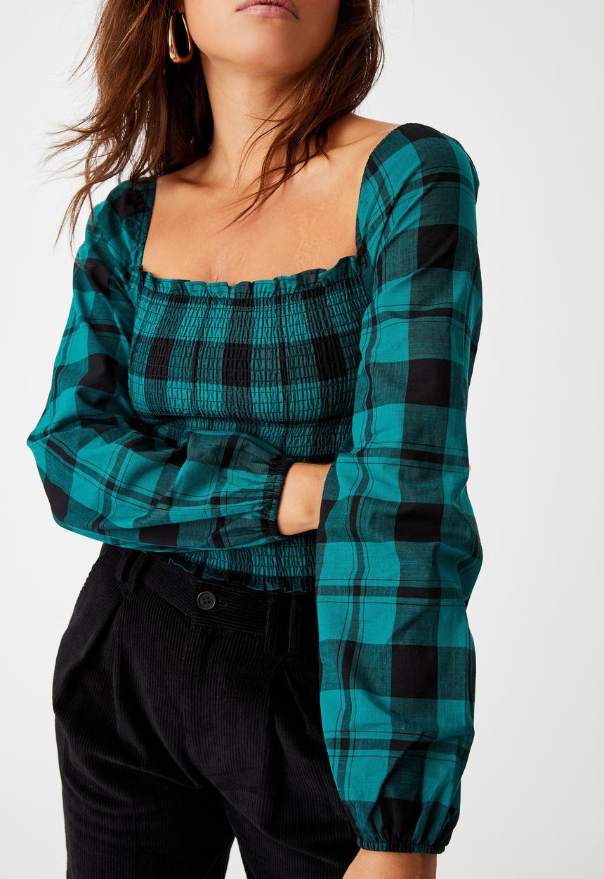 Factorie - Shirred long sleeve top - pacific green & black 