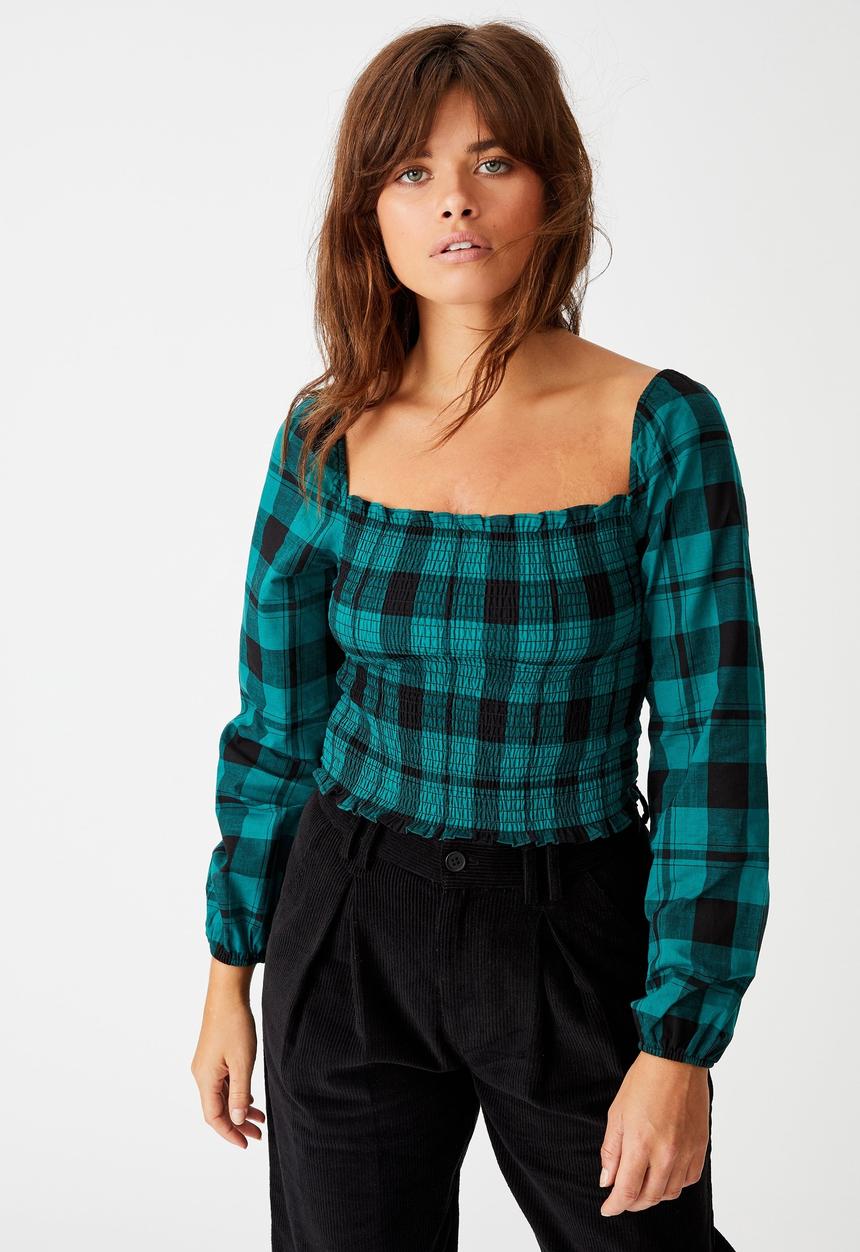 Factorie - Shirred long sleeve top - pacific green & black 