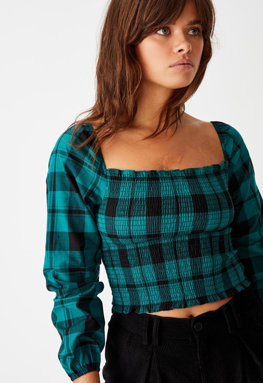 Factorie - Shirred long sleeve top - pacific green & black 