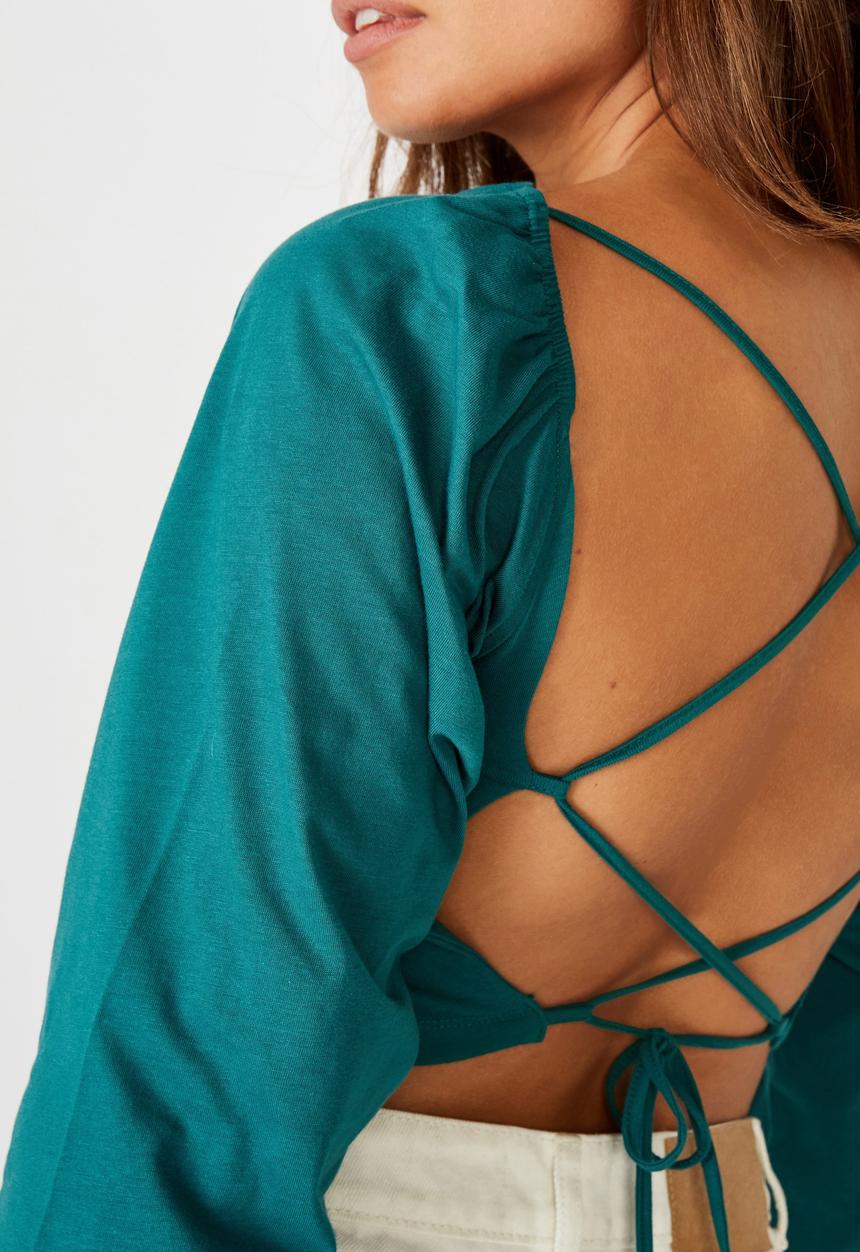 Factorie - Tie up back statement sleeve top - pacific