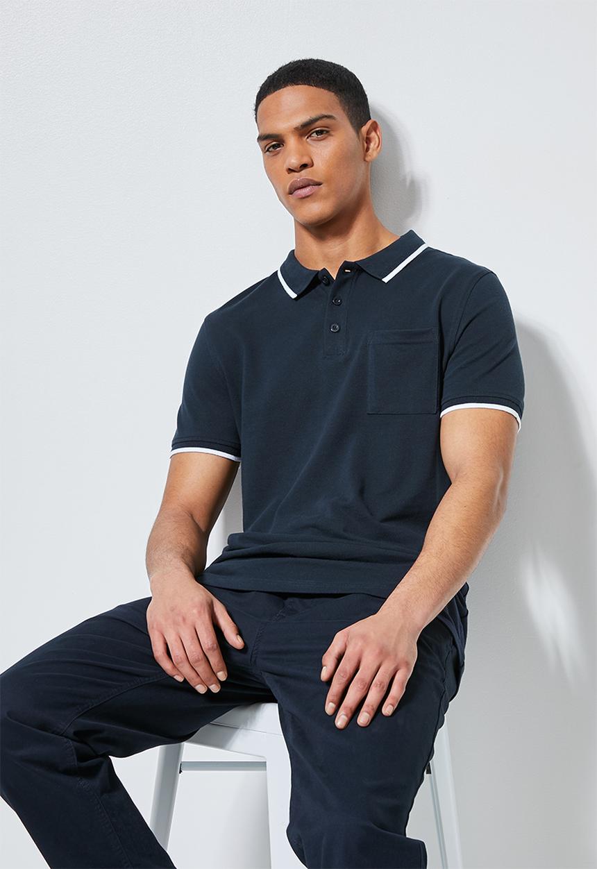 Superbalist - Luka slim pique tipped golfer - navy