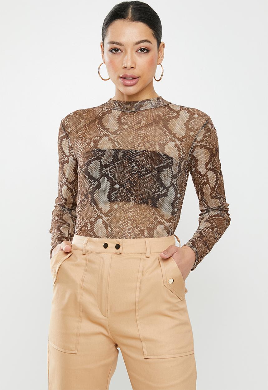 Missguided - Snake print high neck mesh bodysuit - brown
