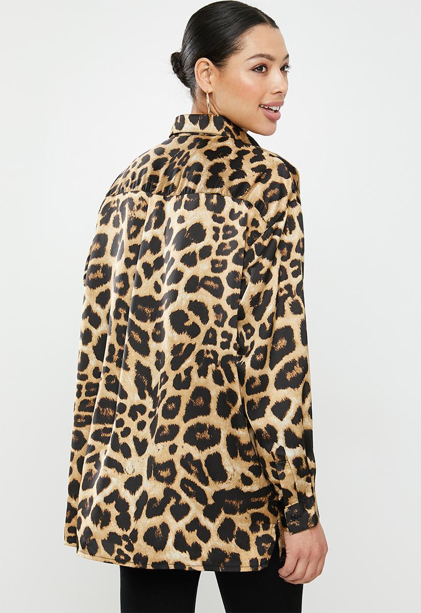 Missguided - Extreme oversized satin shirt leopard - brown & black