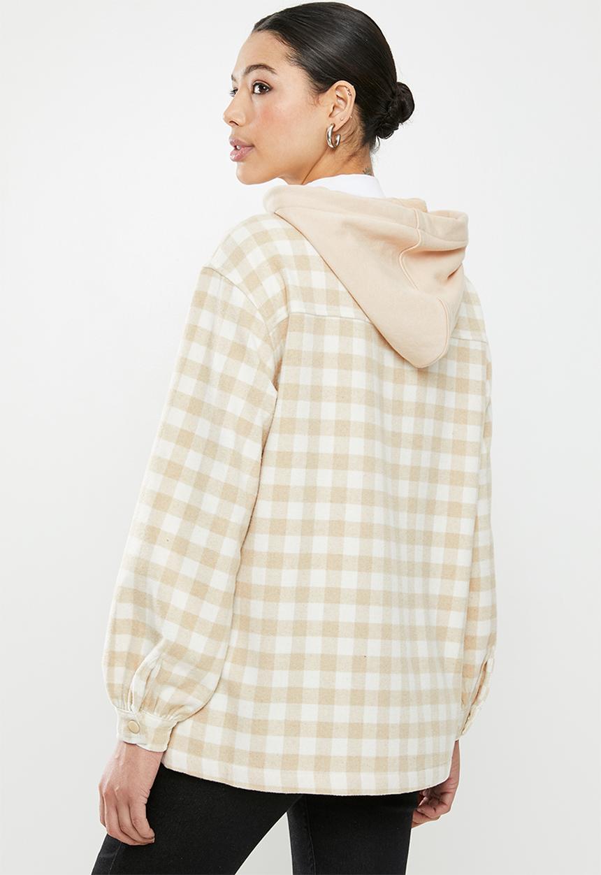 Missguided - Brushed check hooded shacket - beige