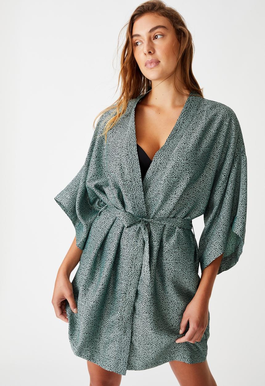 Cotton On - Satin kimono gown - green & black 