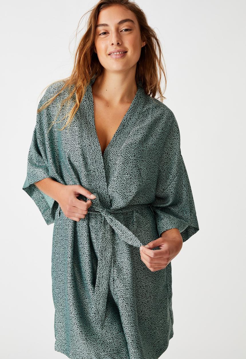 Cotton On - Satin kimono gown - green & black 