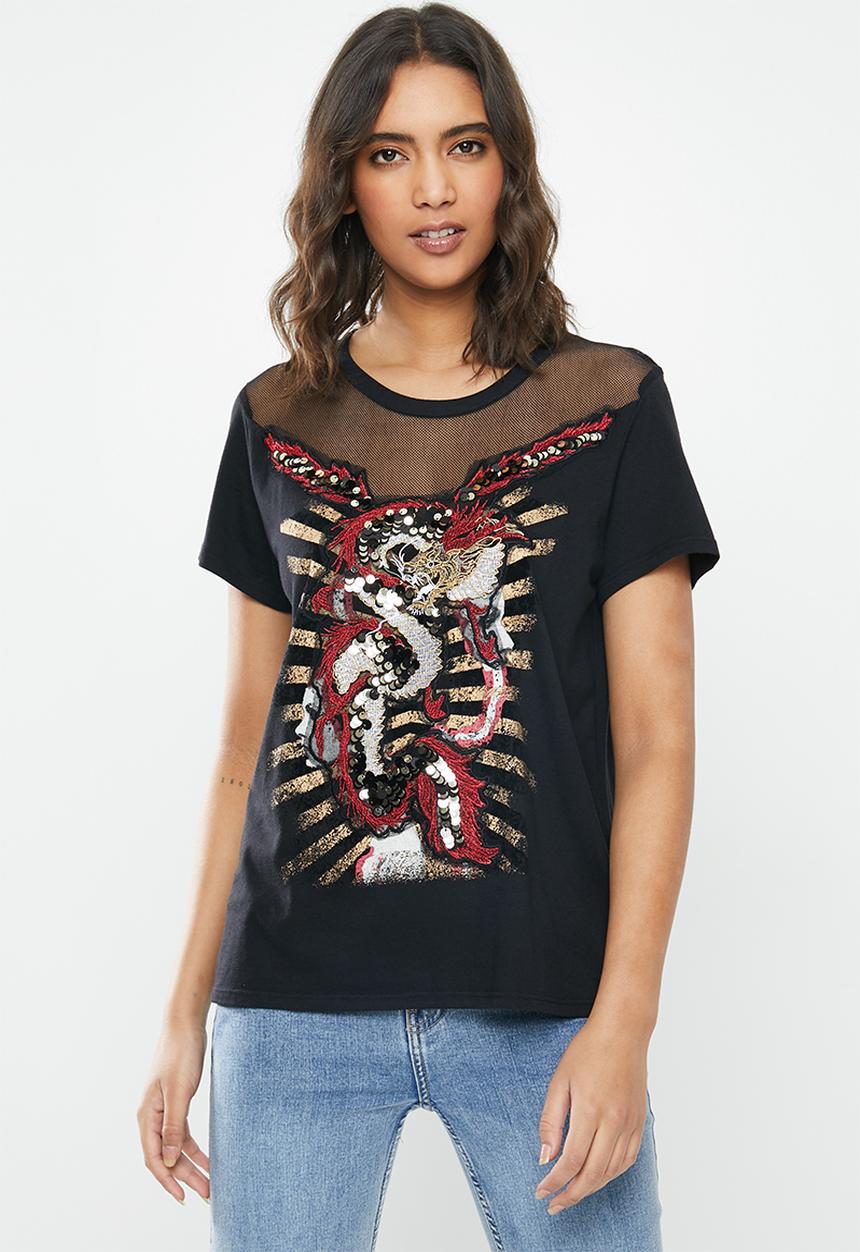 GUESS - Short sleeve embellished dragon ez tee - black