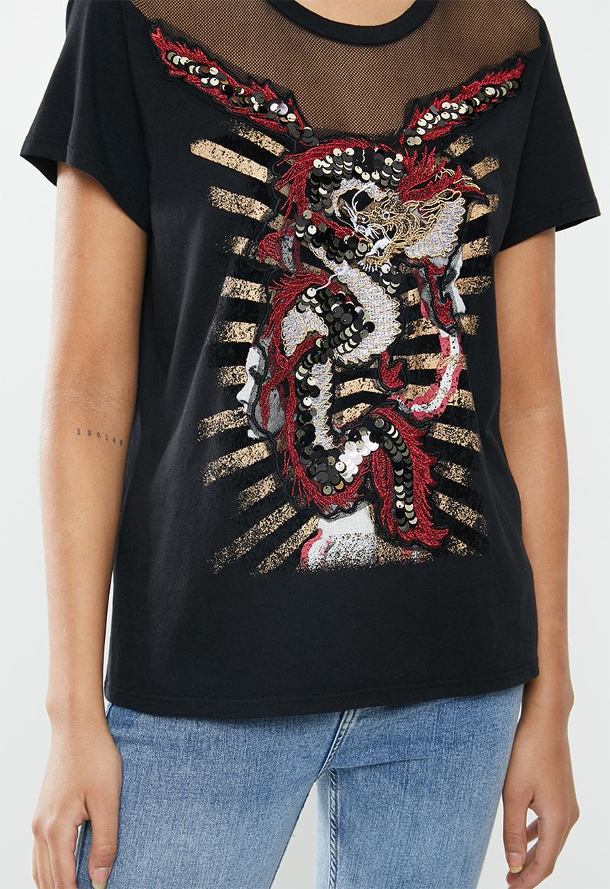 GUESS - Short sleeve embellished dragon ez tee - black