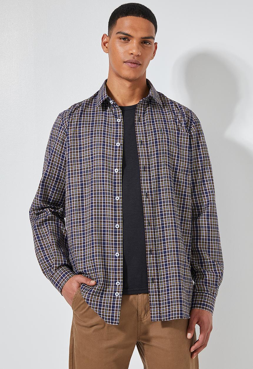 Superbalist - Barber regular fit long sleeve oxford shirt - navy & brown