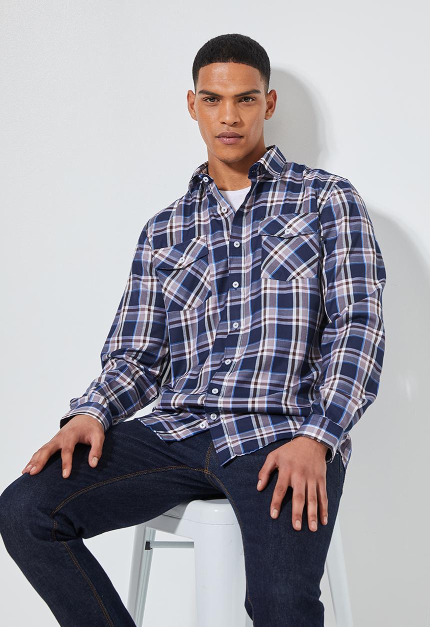Superbalist - Barber regular fit long sleeve shirt - navy & brown