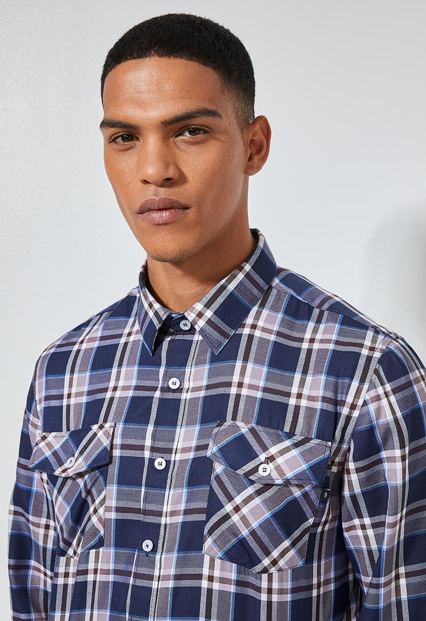 Superbalist - Barber regular fit long sleeve shirt - navy & brown