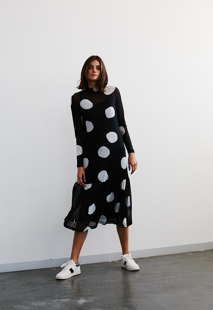Me&B - Mesh spot dress with tier - black & white