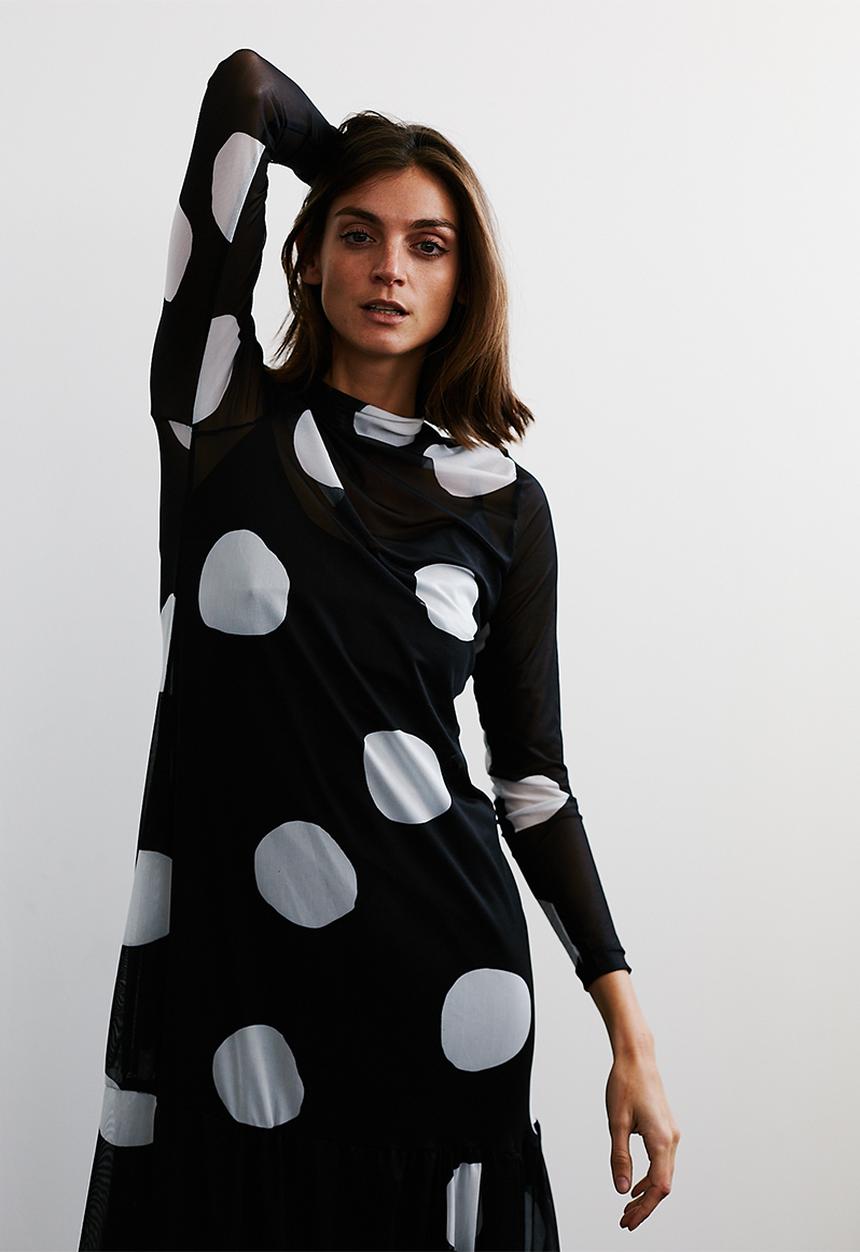 Me&B - Mesh spot dress with tier - black & white