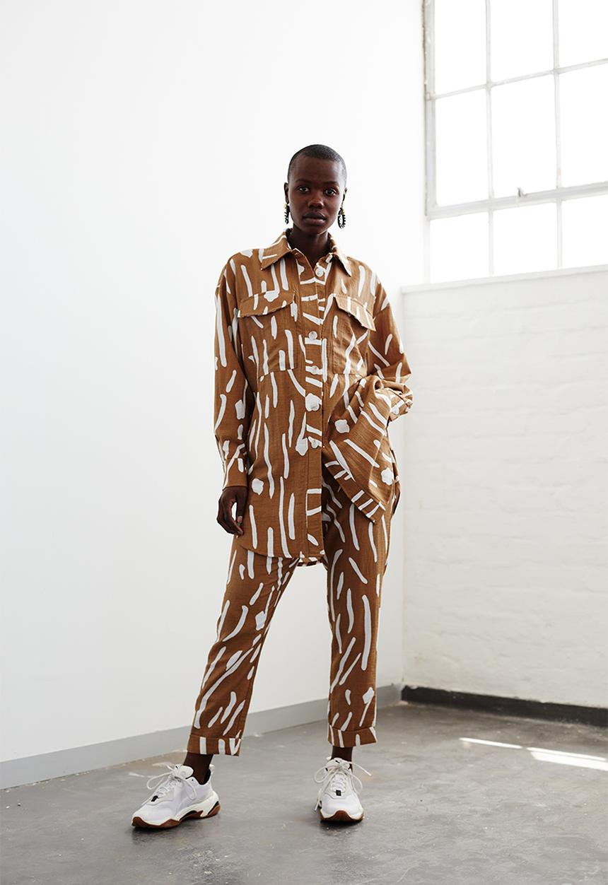 Me&B - Tapered leg pant - brown & white 