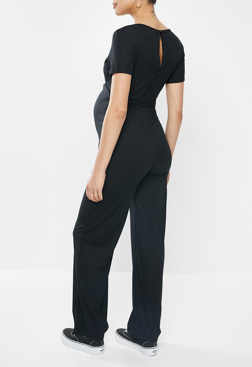 Missguided - Maternity wrap belted ribbed wide leg jumpsuit - black
