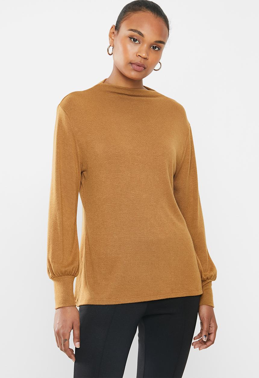 edit - Balloon sleeve turtle neck relaxed tee - tobacco