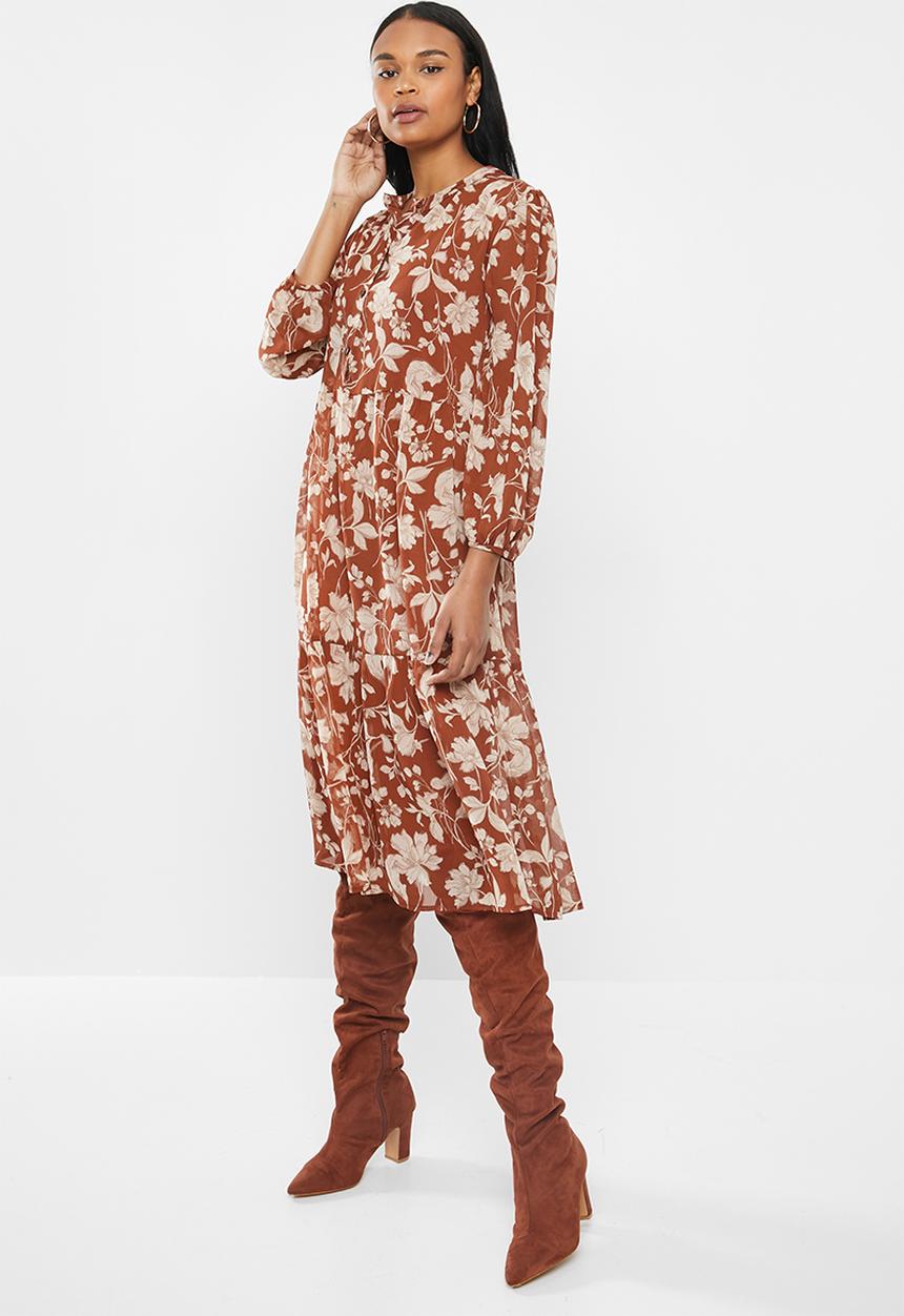 MILLA - Tiered button down dress - rust 