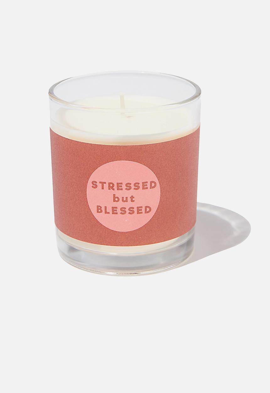 Typo - Banded quote candle - stressed but blessed