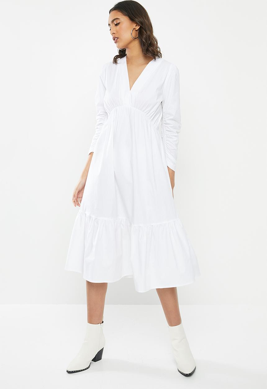 VELVET - Cotton v-neck tiered midi dress - white