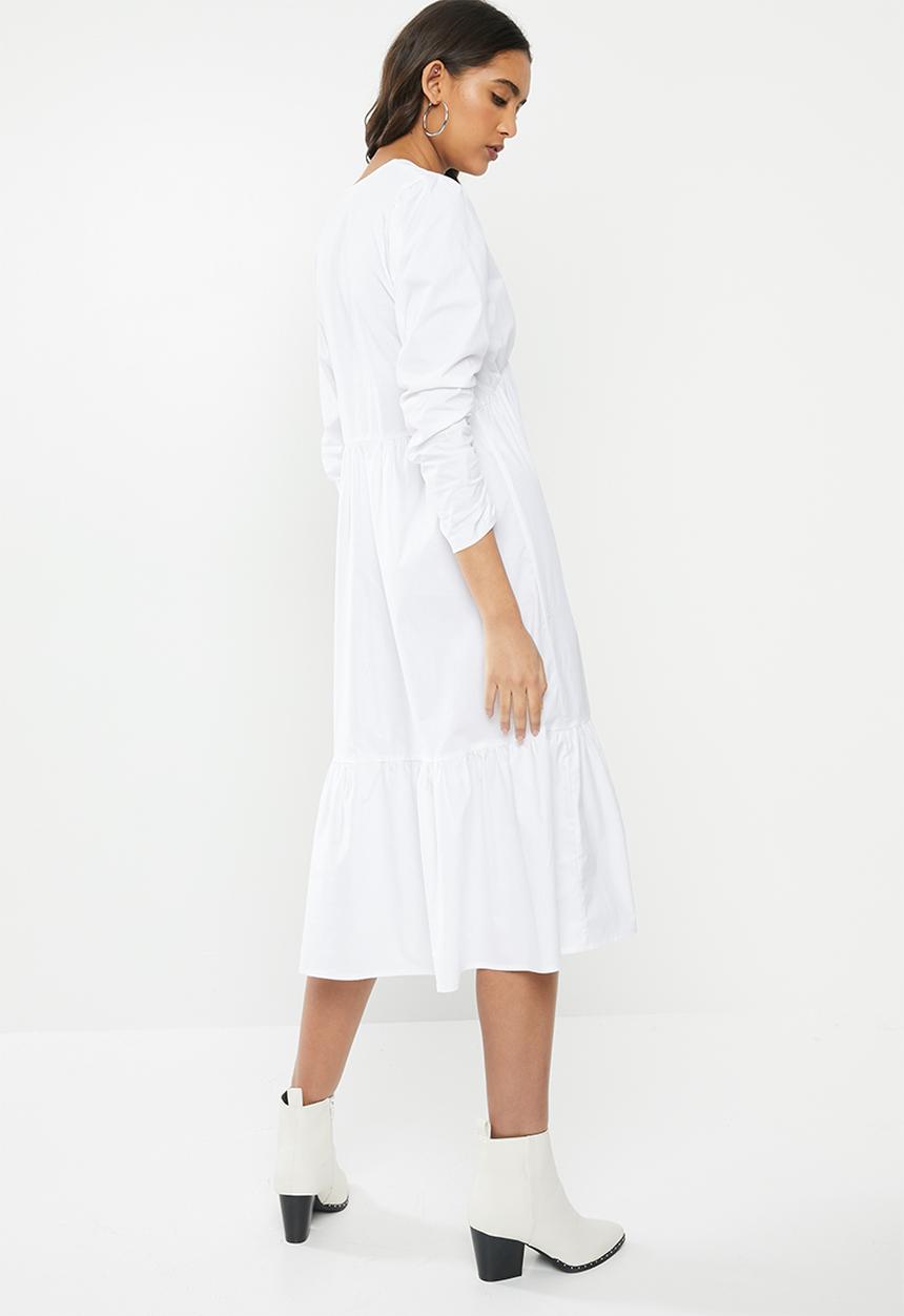 VELVET - Cotton v-neck tiered midi dress - white