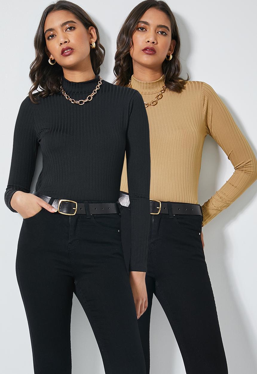 Superbalist - 2 Pack high neck slinky rib tops - beige & black