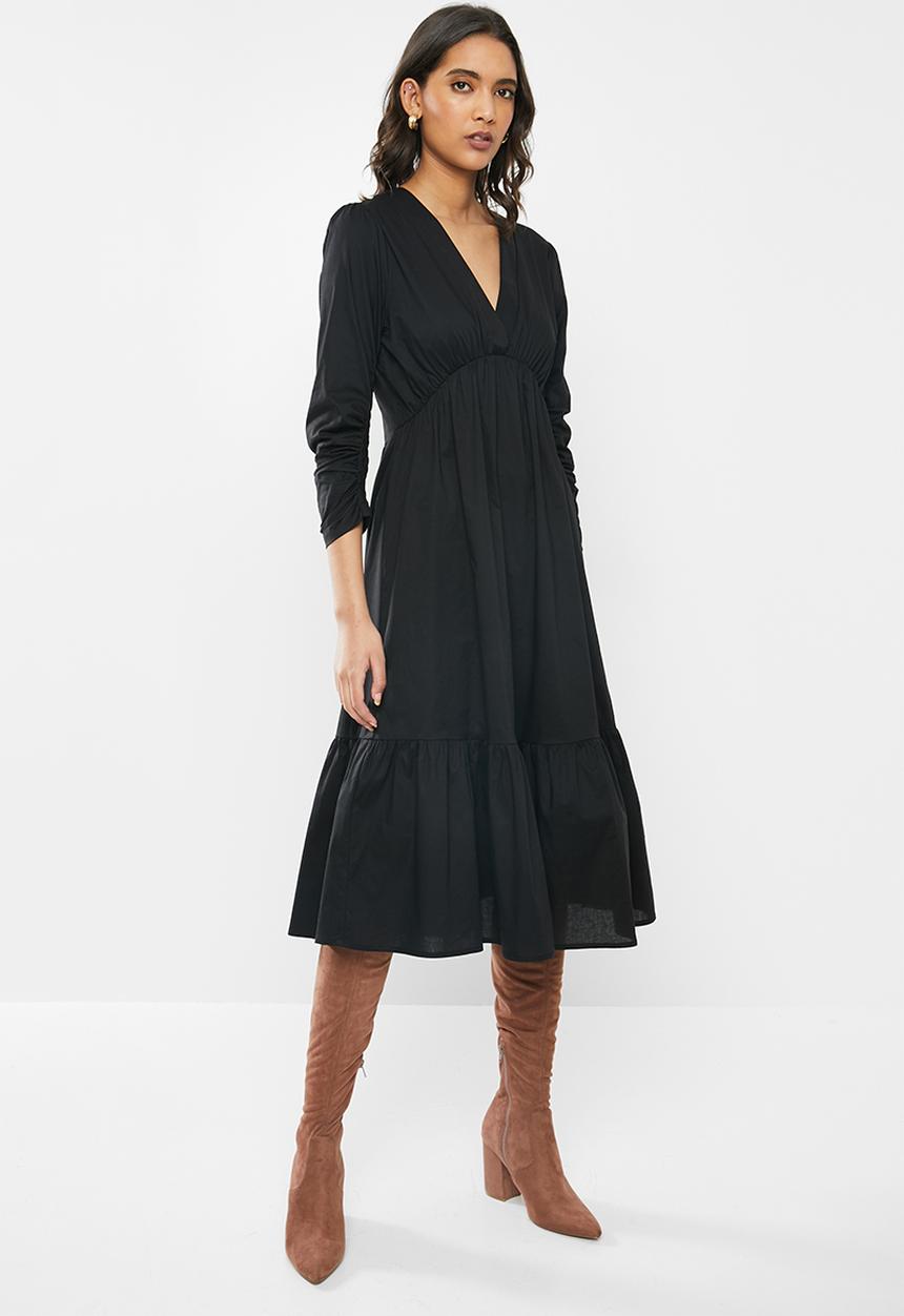 VELVET - Cotton v-neck tiered midi dress - black