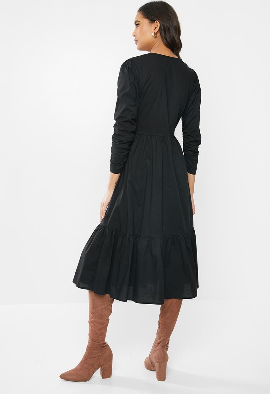 VELVET - Cotton v-neck tiered midi dress - black