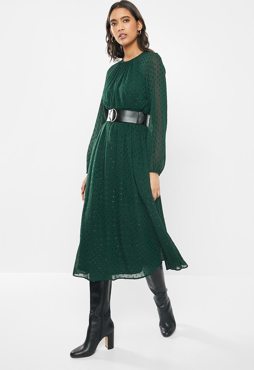 VELVET - Pu belt midi dress - emerald