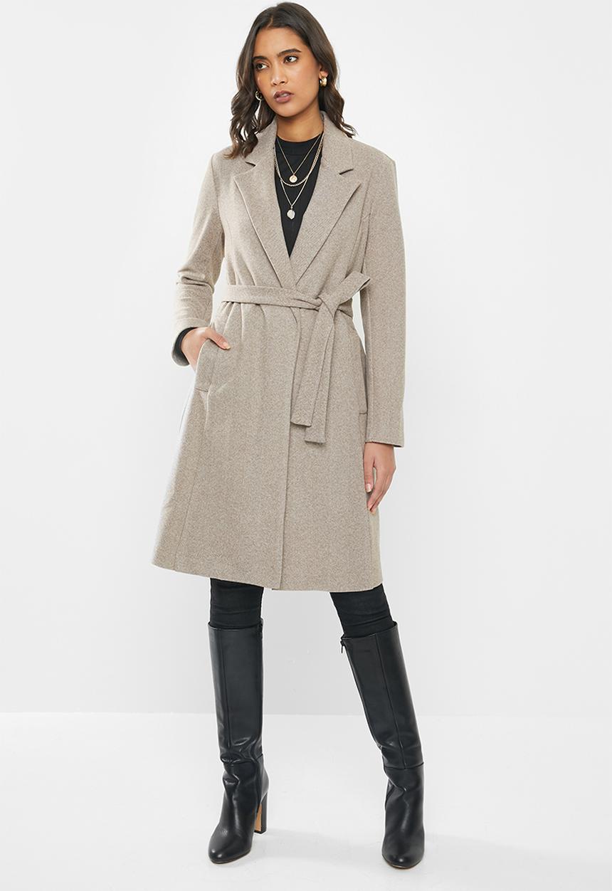 VELVET - Melton long sleeve self belted coat - oatmeal