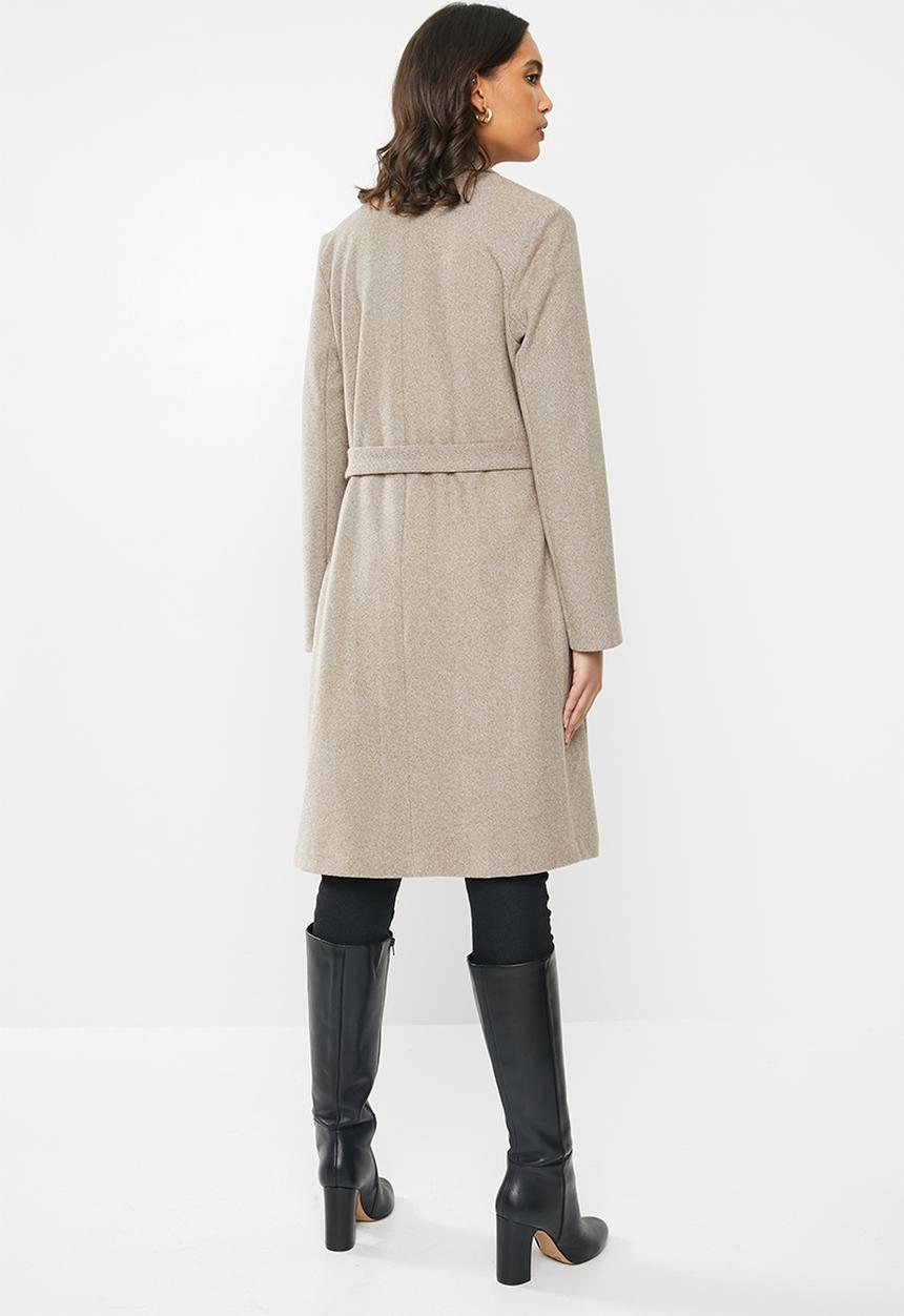 VELVET - Melton long sleeve self belted coat - oatmeal