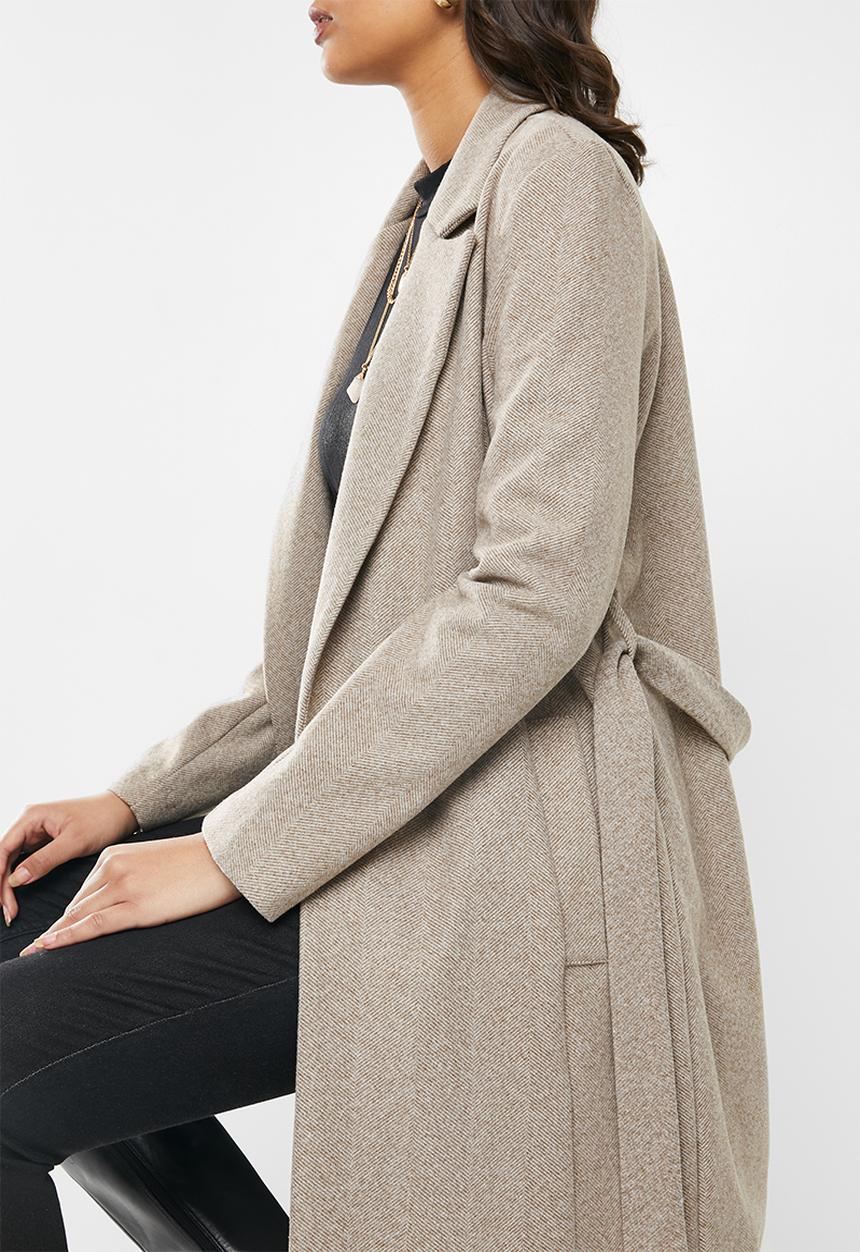 VELVET - Melton long sleeve self belted coat - oatmeal