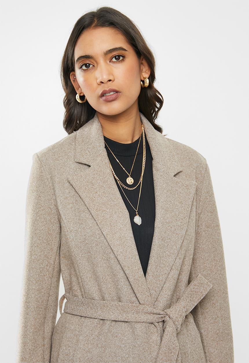 VELVET - Melton long sleeve self belted coat - oatmeal