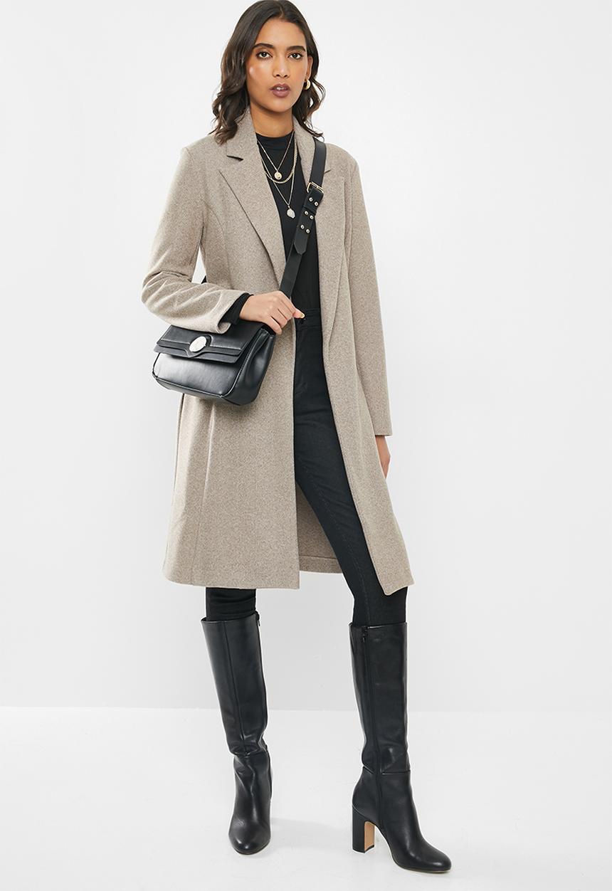 VELVET - Melton long sleeve self belted coat - oatmeal