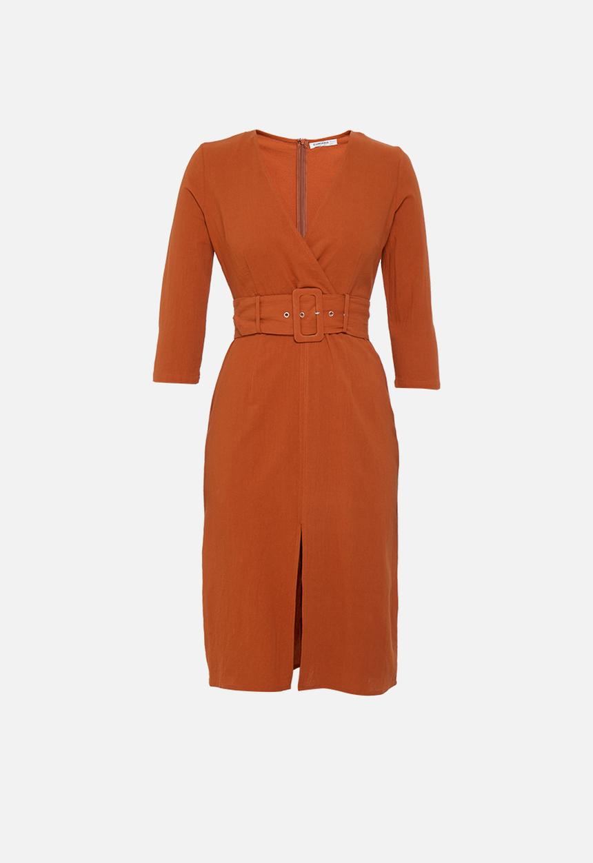 Glamorous - Petite belted 3/4 sleeve wrap dress - rust