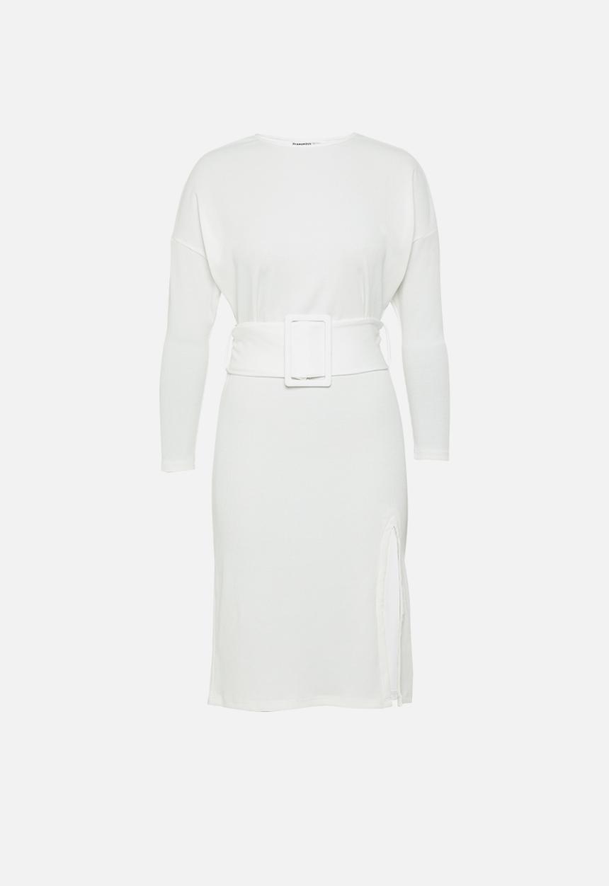 Glamorous - Petite long sleeve belted dress with front slit - white