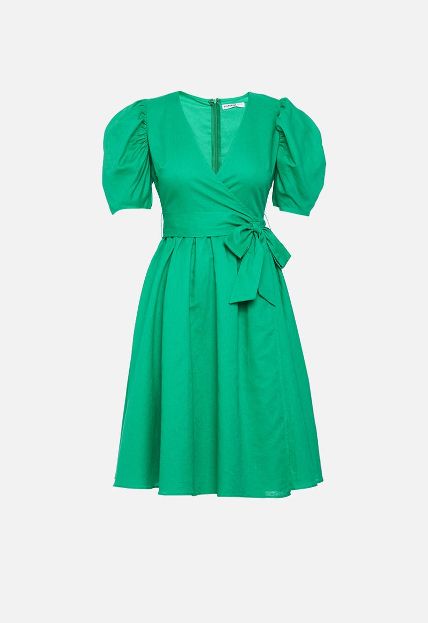 Glamorous - Petite full skirt wrap dress with puff sleeve - green