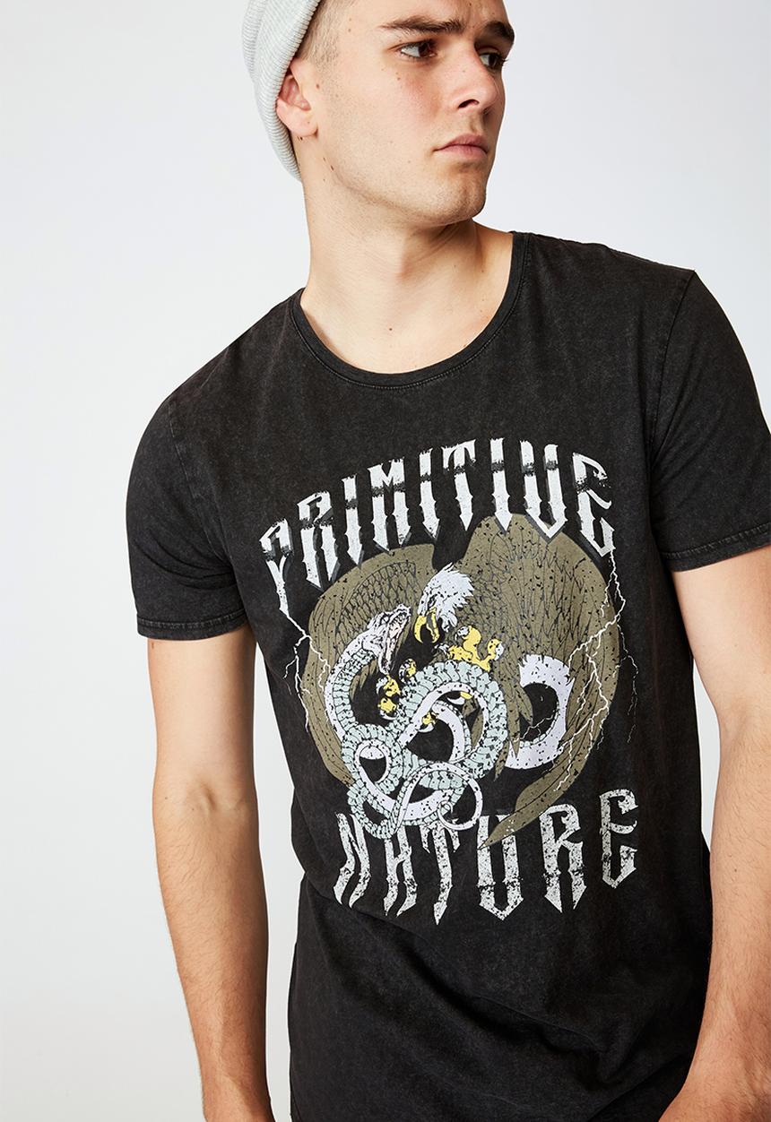 Factorie - Primitive nature curved graphic T-shirt - washed black