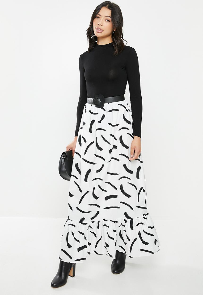 Glamorous - Petite mono brush strokes maxi skirt - black & white