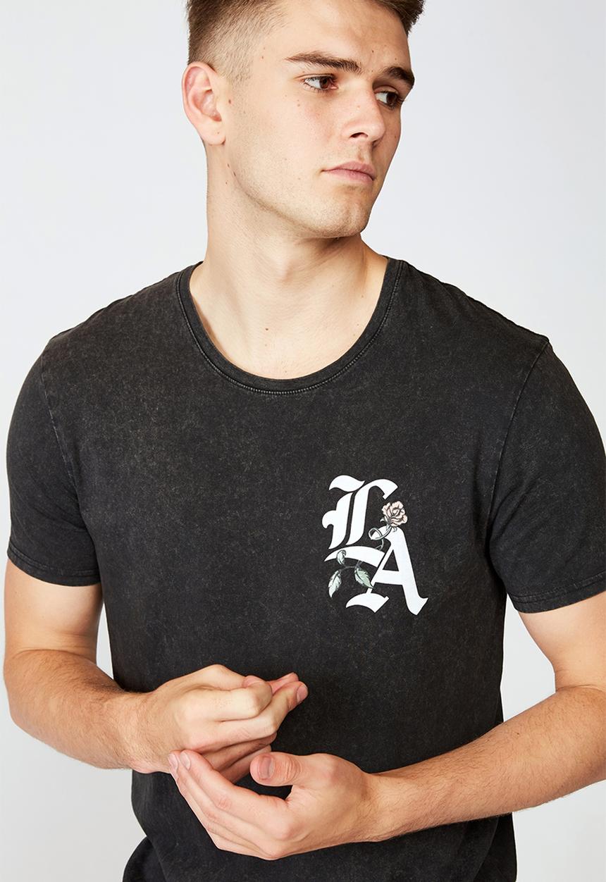 Factorie - LA rose curved graphic T-shirt - washed black
