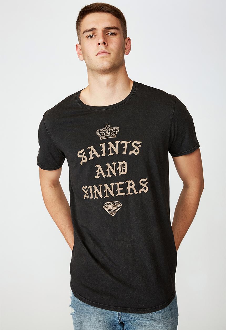 Factorie - Saints and sinners curved graphic T-shirt - washed black