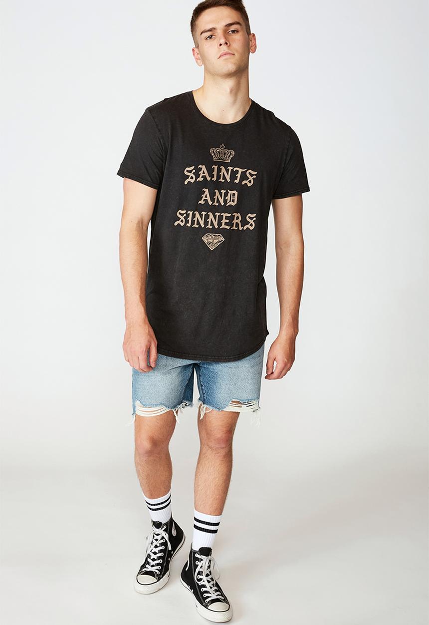 Factorie - Saints and sinners curved graphic T-shirt - washed black