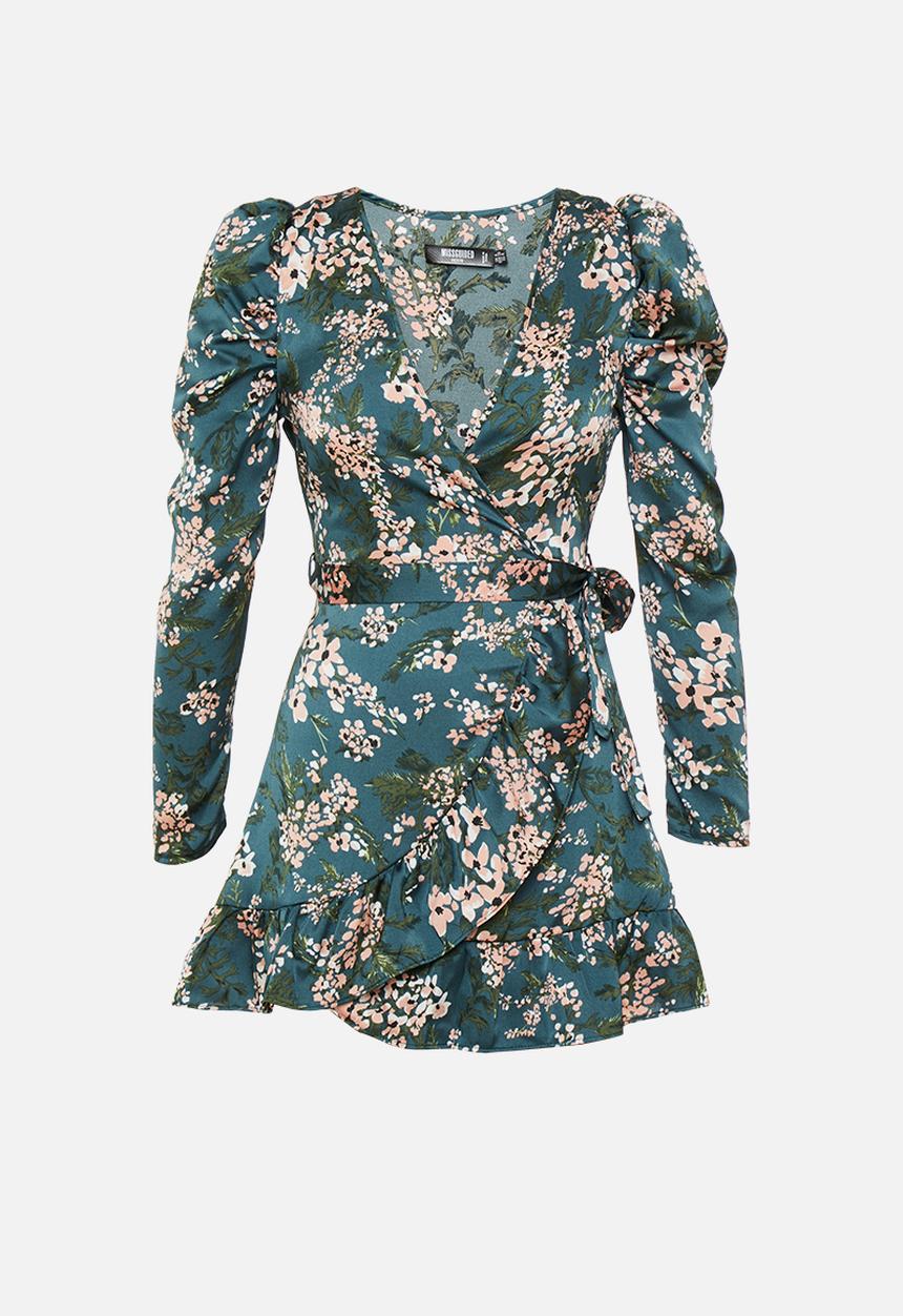 Missguided - Petite puff sleeve ruffle hem wrap tea dress floral - teal