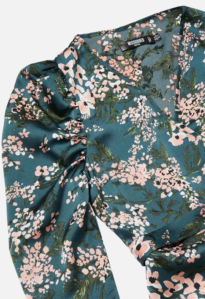 Missguided - Petite puff sleeve ruffle hem wrap tea dress floral - teal