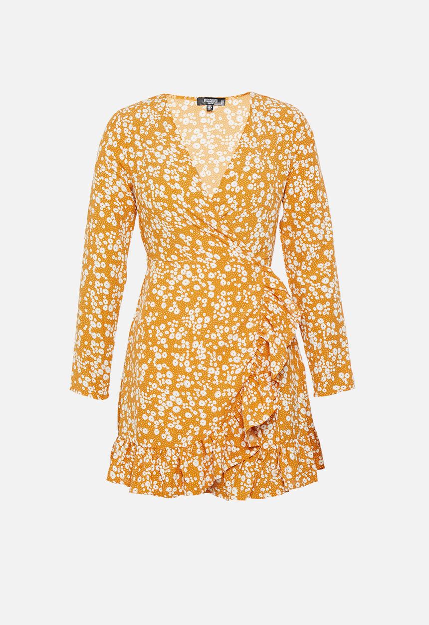 Missguided - Petite tie belt ruffle hem wrap tea dress floral - yellow